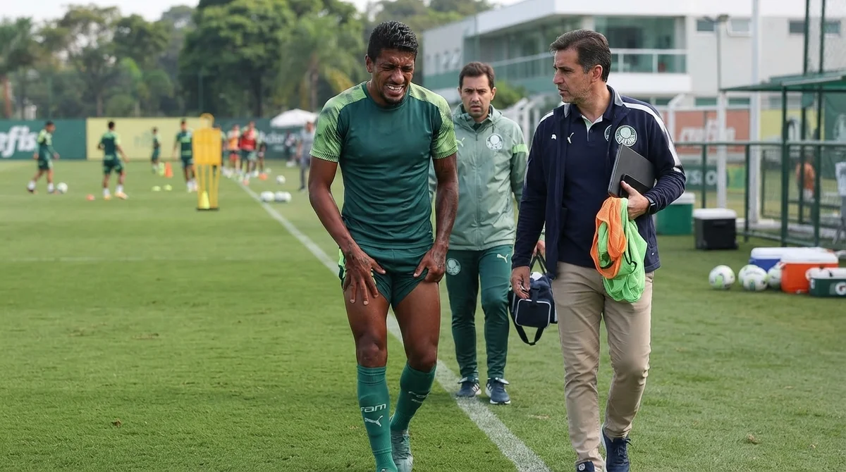 Paulinho sente desconforto durante treinamento do Palmeiras antes da confirmação da lesão muscular na coxa direita.