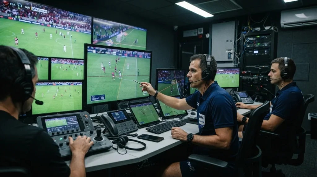 Equipe do VAR realiza análise de lance durante partida da Copa do Brasil