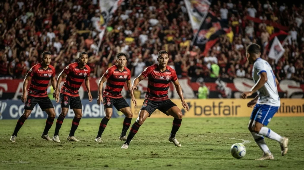 Jogadores do Vitória em campo pelo confronto contra o Athletico-PR nas oitavas da Copa do Brasil